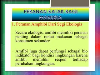 1. Peranan Amphibi Dari Segi Ekologis
- Secara ekologis, amfibi memiliki peranan
penting dalam rantai makanan sebagai
konsumen sekunder.
- Amfibi juga dapat berfungsi sebagai bio
indikator bagi kondisi lingkungan karena
amfibi memiliki respon terhadap
perubahan lingkungan.
 