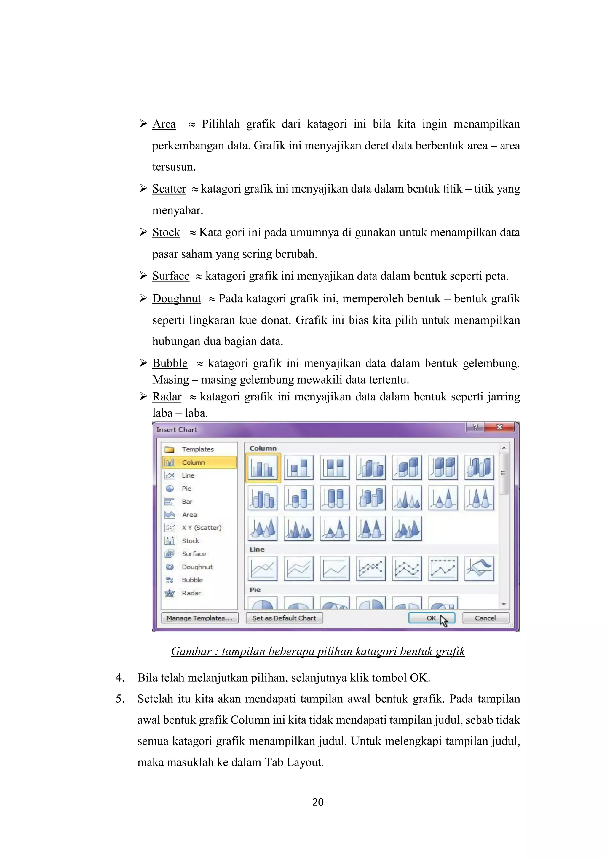 20
 Area  Pilihlah grafik dari katagori ini bila kita ingin menampilkan
perkembangan data. Grafik ini menyajikan deret data berbentuk area – area
tersusun.
 Scatter  katagori grafik ini menyajikan data dalam bentuk titik – titik yang
menyabar.
 Stock  Kata gori ini pada umumnya di gunakan untuk menampilkan data
pasar saham yang sering berubah.
 Surface  katagori grafik ini menyajikan data dalam bentuk seperti peta.
 Doughnut  Pada katagori grafik ini, memperoleh bentuk – bentuk grafik
seperti lingkaran kue donat. Grafik ini bias kita pilih untuk menampilkan
hubungan dua bagian data.
 Bubble  katagori grafik ini menyajikan data dalam bentuk gelembung.
Masing – masing gelembung mewakili data tertentu.
 Radar  katagori grafik ini menyajikan data dalam bentuk seperti jarring
laba – laba.
Gambar : tampilan beberapa pilihan katagori bentuk grafik
4. Bila telah melanjutkan pilihan, selanjutnya klik tombol OK.
5. Setelah itu kita akan mendapati tampilan awal bentuk grafik. Pada tampilan
awal bentuk grafik Column ini kita tidak mendapati tampilan judul, sebab tidak
semua katagori grafik menampilkan judul. Untuk melengkapi tampilan judul,
maka masuklah ke dalam Tab Layout.
 