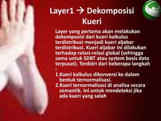 Layer1  Dekomposisi
        Kueri
 Layer yang pertama akan melakukan
 dekomposisi dari kueri kalkulus
 terdistribusi menjadi kueri aljabar
 terdistribusi. Kueri aljabar ini dilakukan
 terhadap relasi-relasi global (sehingga
 sama untuk SDBT atau system basis data
 terpusat). Terdidri dari beberapa langkah
 :
 1.Kueri kalkulus dikonversi ke dalam
   bentuk ternormalisasi.
 2.Kueri ternormalisasi di analisa secara
   semantik. Ini untuk mendeteksi jika
   ada kueri yang salah
 