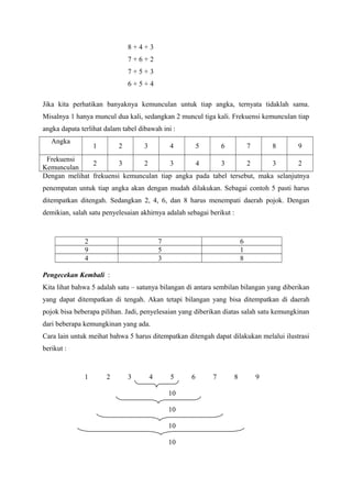 8 + 4 + 3 
7 + 6 + 2 
7 + 5 + 3 
6 + 5 + 4 
Jika kita perhatikan banyaknya kemunculan untuk tiap angka, ternyata tidaklah sama. 
Misalnya 1 hanya muncul dua kali, sedangkan 2 muncul tiga kali. Frekuensi kemunculan tiap 
angka dapata terlihat dalam tabel dibawah ini : 
Angka 
1 2 3 4 5 6 7 8 9 
Frekuensi 
Kemunculan 2 3 2 3 4 3 2 3 2 
Dengan melihat frekuensi kemunculan tiap angka pada tabel tersebut, maka selanjutnya 
penempatan untuk tiap angka akan dengan mudah dilakukan. Sebagai contoh 5 pasti harus 
ditempatkan ditengah. Sedangkan 2, 4, 6, dan 8 harus menempati daerah pojok. Dengan 
demikian, salah satu penyelesaian akhirnya adalah sebagai berikut : 
2 7 6 
9 5 1 
4 3 8 
Pengecekan Kembali : 
Kita lihat bahwa 5 adalah satu – satunya bilangan di antara sembilan bilangan yang diberikan 
yang dapat ditempatkan di tengah. Akan tetapi bilangan yang bisa ditempatkan di daerah 
pojok bisa beberapa pilihan. Jadi, penyelesaian yang diberikan diatas salah satu kemungkinan 
dari beberapa kemungkinan yang ada. 
Cara lain untuk meihat bahwa 5 harus ditempatkan ditengah dapat dilakukan melalui ilustrasi 
berikut : 
1 2 3 4 5 6 7 8 9 
10 
10 
10 
10 
 