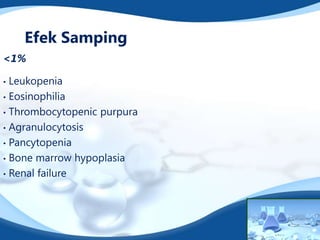 Efek Samping
<1%

• Leukopenia
• Eosinophilia

• Thrombocytopenic purpura

• Agranulocytosis

• Pancytopenia

• Bone marrow hypoplasia

• Renal failure
 