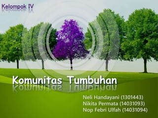 Komunitas Tumbuhan
Kelompok IV
Neli Handayani (1301443)
Nikita Permata (14031093)
Nop Febri Ulfah (14031094)
 