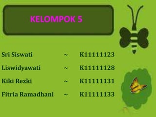 KELOMPOK 5


Sri Siswati        ~   K11111123

Liswidyawati       ~   K11111128

Kiki Rezki         ~   K11111131

Fitria Ramadhani   ~   K11111133
 