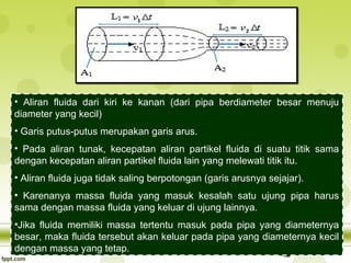 • Aliran fluida dari kiri ke kanan (dari pipa berdiameter besar menuju
diameter yang kecil)
• Garis putus-putus merupakan garis arus.
• Pada aliran tunak, kecepatan aliran partikel fluida di suatu titik sama
dengan kecepatan aliran partikel fluida lain yang melewati titik itu.
• Aliran fluida juga tidak saling berpotongan (garis arusnya sejajar).
• Karenanya massa fluida yang masuk kesalah satu ujung pipa harus
sama dengan massa fluida yang keluar di ujung lainnya.
•Jika fluida memiliki massa tertentu masuk pada pipa yang diameternya
besar, maka fluida tersebut akan keluar pada pipa yang diameternya kecil
dengan massa yang tetap.

 