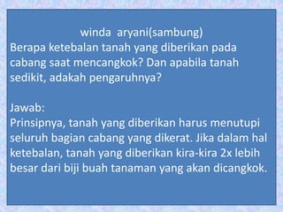 winda aryani(sambung)
Berapa ketebalan tanah yang diberikan pada
cabang saat mencangkok? Dan apabila tanah
sedikit, adakah pengaruhnya?
Jawab:
Prinsipnya, tanah yang diberikan harus menutupi
seluruh bagian cabang yang dikerat. Jika dalam hal
ketebalan, tanah yang diberikan kira-kira 2x lebih
besar dari biji buah tanaman yang akan dicangkok.
 