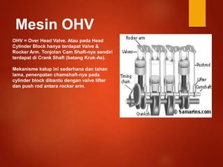 Mesin OHV
OHV = Over Head Valve. Atau pada Head
Cylinder Block hanya terdapat Valve &
Rocker Arm. Tonjolan Cam Shaft-nya sendiri
terdapat di Crank Shaft (batang Kruk-As).
Mekanisme katup ini sederhana dan tahan
lama, penenpatan chamshaft-nya pada
cylinder block dibantu dengan valve lifter
dan push rod antara rocker arm.
 