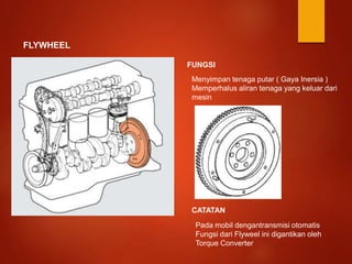 FLYWHEEL
FUNGSI
Menyimpan tenaga putar ( Gaya Inersia )
Memperhalus aliran tenaga yang keluar dari
mesin
CATATAN
Pada mobil dengantransmisi otomatis
Fungsi dari Flyweel ini digantikan oleh
Torque Converter
 