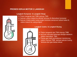 PROSES KERJA MOTOR 2 LANGKAH
Langkah Kompresi & Langkah Hisap
 Piston bergerak dari TMB menuju TMA
 Saluran udara masuk ke silinder tertutup & dilanjutkan kompresi
 Saluran Intake pada ruang engkol terbuka campuran bahan bakar &
udara masuk ke ruang engkol
Langkah Usaha & Langkah Buang
 Piston bergerak dari TMA menuju TMB
 Api busi menyala beberapa derajat sebelum
piston mencapai TMA
 Panas gas hasil pembakaran mendorong
piston menuju TMB sampai saluran buang
terbuka dan gas bekas keluar
 