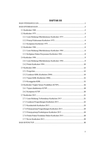 ii
DAFTAR ISI
BAB I PENDAHULUAN............................................................................................1
BAB IIPEMBAHASAN.............................................................................................2
2.1 Kurikulum 1968 ................................................................................................2
2.2 Kurikulum 1975 ................................................................................................3
2.2.1 Latar Belakang Diberlakukanya Kurikulum 1975 ..........................................3
2.2.2 Prinsip Pelaksanaan Kurikulum 1975............................................................4
2.2.3 Komponen Kurikulum 1975. ........................................................................4
2.3 Kurikulum 1984 ................................................................................................6
2.3.1 Latar Belakang Diberlakukanya Kurikulum 1984 ..........................................6
2.3.3 Kebijakan Dalam Penyusunan Kurikulum 1984.............................................8
2.4 Kurikulum 1994 ................................................................................................9
2.4.1 Latar Belakang Diberlakukanya Kurikulum 1994 ..........................................9
2.4.2 Pokok Kurikulum 1994..............................................................................10
2.5 Kurikulum 2004 ..............................................................................................12
2.5.1 Pengertian.................................................................................................12
2.5.2 Landasan KBK (Kurikulum 2004) ..............................................................14
2.5.3 Tujuan KBK (Kurikulum 2004)..................................................................15
2.5.4 Keunggulan KBK......................................................................................15
2.6 Kurikulum Tingkat Satuan Pendidikan (KTSP)..................................................16
2.6.1 Tujuan diadakannya KTSP.........................................................................18
2.6.2 Komponen KTSP ......................................................................................20
2.7 Kurikulum 2013 ..............................................................................................21
2.7.1 Latar Belakang Terbentuknya Kurikulum 2013 ...........................................21
2.7.2 Landasan Pengembangan Kurikulum 2013..................................................22
2.7.3 Karakteristik Kurikulum 2013....................................................................23
2.7.4 Prinsip-prinsip Pengembangan Kurikulum 2013..........................................24
2.7.5 Prinsip-prinsip Pembelajaran Kurikulum 2013 ............................................24
2.7.6 Pokok-Pokok Perubahan Dalam Kurikulum 2013 ........................................28
2.7.7 Revisi Kurikulum 2013..............................................................................29
BAB III PENUTUP ..................................................................................................30
 