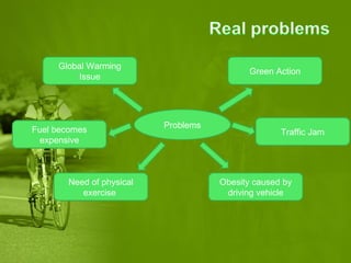 Global Warming
                                            Green Action
         Issue




                          Problems
Fuel becomes                                       Traffic Jam
 expensive



       Need of physical              Obesity caused by
          exercise                    driving vehicle
 