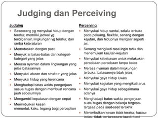 Judging dan Perceiving
Judging
 Seseorang yg menyukai hidup dengan
teratur, memiliki jadwal yg
terorganisir, lingkungan yg teratur, dan
serba keteraturan
 Memutuskan dengan pasti
 Menyuk`ai batas-batas dan kategori-
kategori yang jelas
 Merasa nyaman dalam lingkungan yang
jelas batasannya
 Menyukai aturan dan struktur yang jelas
 Menyukai hidup yang terencana
 Menghadapi batas waktu pengerjaan
sesuai tugas dengan membuat rencana
jauh sebelumnya
 Mengambil keputusan dengan cepat
 Menimbulkan kesan
menuntut, kaku, tegang bagi perception
Perceiving
 Menyukai hidup santai, selalu terbuka
pada peluang, flexible, senang dengan
kejutan, dan hidupnya mengalir seperti
air.
 Senang mengikuti rasa ingin tahu dan
menemukan kejutan-kejutan
 Menyukai kebebasan untuk melakukan
percobaan-percobaan tanpa batas
 Merasa nyaman dalam lingkungan
terbuka, batasannya tidak jelas
 Menyukai gaya hidup luwes
 Menyukai kegiatan yang mengikuti arus
 Menyukai gaya hidup sebagaimana
adanya
 Menghadapi batas waktu pengerjaan
suatu tugas dengan bekerja tergesa-
tergesa pada saat-saat terakhir
 Menimbulkan kesan tidak teratur, kacau-
 