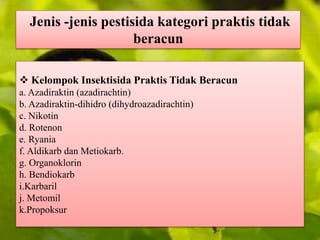 Jenis -jenis pestisida kategori praktis tidak 
beracun 
 Kelompok Insektisida Praktis Tidak Beracun 
a. Azadiraktin (azadirachtin) 
b. Azadiraktin-dihidro (dihydroazadirachtin) 
c. Nikotin 
d. Rotenon 
e. Ryania 
f. Aldikarb dan Metiokarb. 
g. Organoklorin 
h. Bendiokarb 
i.Karbaril 
j. Metomil 
k.Propoksur 
 