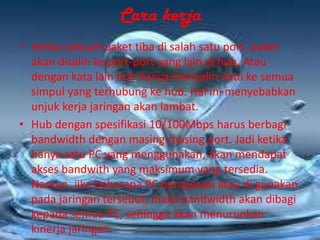 Cara kerja
• Ketika sebuah paket tiba di salah satu port, paket
akan disalin ke port-port yang lain di hub. Atau
dengan kata lain hub hanya menyalin data ke semua
simpul yang terhubung ke hub. Hal ini menyebabkan
unjuk kerja jaringan akan lambat.
• Hub dengan spesifikasi 10/100Mbps harus berbagi
bandwidth dengan masing-masing port. Jadi ketika
hanya satu PC yang menggunakan, akan mendapat
akses bandwith yang maksimum yang tersedia.
Namun, jika beberapa PC beroperasi atau di gunakan
pada jaringan tersebut, maka bandwidth akan dibagi
kepada semua PC, sehingga akan menurunkan
kinerja jaringan.

 