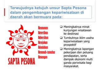 Terwujudnya ketujuh unsur Sapta Pesona
dalam pengembangan kepariwisataan di
daerah akan bermuara pada:
 Meningkatnya minat
kunjungan wisatawan
ke destinasi
 Tumbuhnya iklim usaha
kepariwisataan yang
prospektif
 Meningkatnya lapangan
pekerjaan dan peluang
pendapatan, serta
dampak ekonomi multi
ganda pariwisata bagi
masyarakat.
 