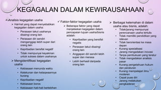 KEGAGALAN DALAM KEWIRAUSAHAAN
 Analisis kegagalan usaha
 Hal-hal yang dapat menyebabkan
kegagalan dalam usaha:
• Perasaan takut usahanya
disaingi orang lain
• Perasaan diri sendiri
menganggap lebih super dari
orang lain
• Kepribadian bersifat negatif
• Tidak mempunyai keyakinan
untuk sukses dalam usahanya
 Mengidentifikasi kegagalan
usaha
• Kebiasaan menunda waktu
• Ketekunan dan ketaqwaannya
kurang
• Kepribadian negatif
• Kebiasaan boros
• Kebiasaan hati-hati berlebihan
 Faktor-faktor kegagalan usaha
 Beberapa faktor yang dapat
menjelaskan kegagalan dalam
pencapaian tujuan usaha/bisnis
adalah:
• Kepribadian yang bersifat
negatis
• Perasaan takut disaingi
orang lain
• Anggapan diri sendiri lebih
super dan merasa
• Lebih berhasil daripada
orang lain
 Berbagai kelemahan di dalam
usaha atau bisnis, adalah:
• Tidak/jarang mempunyai
perencanaan usaha tertulis
• Tidak memiliki pendidikan yang
relevan
• Tidak berorientasi ke masa
depan
• Kurang spesialisasi
• Jarang mengadakan inovasi
• Tanpa pembukuan yang teratur
• Tidak mengadakan analisis
pasar
• Kurang pengetahuan hukum
dan peraturan
• Kurang mempelajari ilmu
moderen
• Cepat puas diri
• Jarang melakukan
pengkaderan
 
