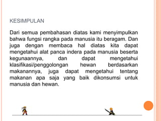 KESIMPULAN 
Dari semua pembahasan diatas kami menyimpulkan 
bahwa fungsi rangka pada manusia itu beragam. Dan 
juga dengan membaca hal diatas kita dapat 
mengetahui alat panca indera pada manusia beserta 
kegunaannya, dan dapat mengetahui 
klasifikasi/penggolongan hewan berdasarkan 
makanannya, juga dapat mengetahui tentang 
makanan apa saja yang baik dikonsumsi untuk 
manusia dan hewan. 
