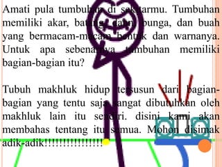 Amati pula tumbuhan di sekitarmu. Tumbuhan 
memiliki akar, batang, daun, bunga, dan buah 
yang bermacam-macam bentuk dan warnanya. 
Untuk apa sebenarnya tumbuhan memiliki 
bagian-bagian itu? 
Tubuh makhluk hidup tersusun dari bagian-bagian 
yang tentu saja sangat dibutuhkan oleh 
makhluk lain itu sendiri. disini kami akan 
membahas tentang itu semua. Mohon disimak 
adik-adik!!!!!!!!!!!!!!!! 
 