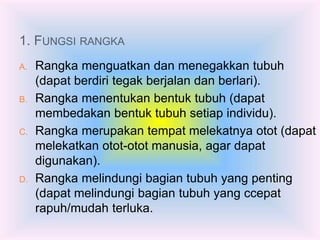 1. FUNGSI RANGKA 
A. Rangka menguatkan dan menegakkan tubuh 
(dapat berdiri tegak berjalan dan berlari). 
B. Rangka menentukan bentuk tubuh (dapat 
membedakan bentuk tubuh setiap individu). 
C. Rangka merupakan tempat melekatnya otot (dapat 
melekatkan otot-otot manusia, agar dapat 
digunakan). 
D. Rangka melindungi bagian tubuh yang penting 
(dapat melindungi bagian tubuh yang ccepat 
rapuh/mudah terluka. 
 