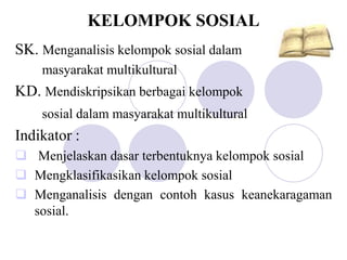 KELOMPOK SOSIAL
SK. Menganalisis kelompok sosial dalam
masyarakat multikultural
KD. Mendiskripsikan berbagai kelompok
sosial dalam masyarakat multikultural
Indikator :
 Menjelaskan dasar terbentuknya kelompok sosial
 Mengklasifikasikan kelompok sosial
 Menganalisis dengan contoh kasus keanekaragaman
sosial.
 