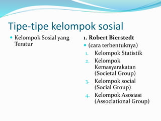 Tipe-tipe kelompok sosial 
 Kelompok Sosial yang 
Teratur 
1. Robert Bierstedt 
 (cara terbentuknya) 
1. Kelompok Statistik 
2. Kelompok 
Kemasyarakatan 
(Societal Group) 
3. Kelompok social 
(Social Group) 
4. Kelompok Asosiasi 
(Associational Group) 
 