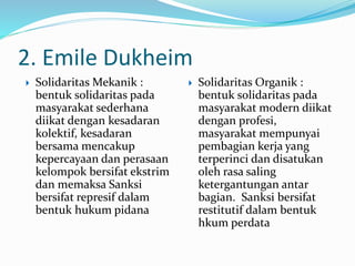 2. Emile Dukheim 
 Solidaritas Mekanik : 
bentuk solidaritas pada 
masyarakat sederhana 
diikat dengan kesadaran 
kolektif, kesadaran 
bersama mencakup 
kepercayaan dan perasaan 
kelompok bersifat ekstrim 
dan memaksa Sanksi 
bersifat represif dalam 
bentuk hukum pidana 
 Solidaritas Organik : 
bentuk solidaritas pada 
masyarakat modern diikat 
dengan profesi, 
masyarakat mempunyai 
pembagian kerja yang 
terperinci dan disatukan 
oleh rasa saling 
ketergantungan antar 
bagian. Sanksi bersifat 
restitutif dalam bentuk 
hkum perdata 
 