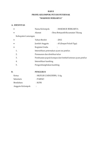 BAB II
PROFIL KELOMPOK PETANI PETERNAK
“MAKMUR BERKARYA”
A. IDENTITAS
 Nama Kelompok : MAKMUR BERKARYA
 Alamat : Desa Botoputih Kecamatan Tikung
Kabupaten Lamongan.
 Tahun Berdiri : 2012
 Jumlah Anggota : 43 (Empat Puluh Tiga)
 Kegiatan Usaha :
1. Intensifikasi peternakan ayam ras petelur.
2. Pemasaran dan distribusi telur
3. Pembuatan pupuk kompas dari limbah kotoran ayam petelur
4. Intensifikasi kambing
5. Pengembangbiakan kambing
B. PENGURUS
Ketua : MUFLIH ZAINUDDIN, S.Ag
Sekretaris : PARNO
Bendahara : KOSI
Anggota Kelompok :
 