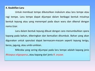 4. Keaktifan Laru
Untuk membuat tempe dibutuhkan inokulum atau laru tempe atau
ragi tempe. Laru tempe dapat dijumpai dalam berbagai bentuk misalnya
bentuk tepung atau yang menempel pada daun waru dan dikenal dengan
nama Usar.
Laru dalam bentuk tepung dibuat dengan cara menumbuhkan spora
kapang pada bahan, dikeringkan dan kemudian ditumbuk. Bahan yang akan
digunakan untuk sporulasi dapat bermacam-macam seperti tepung terigu,
beras, jagung, atau umbi-umbian.
Mikroba yang sering dijumpai pada laru tempe adalah kapang jenis
Rhizopus oligosporus, atau kapang dari jenis R. oryzae.
 