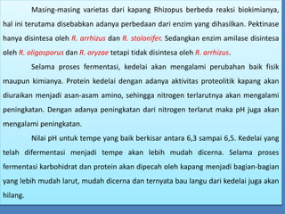 Masing-masing varietas dari kapang Rhizopus berbeda reaksi biokimianya,
hal ini terutama disebabkan adanya perbedaan dari enzim yang dihasilkan. Pektinase
hanya disintesa oleh R. arrhizus dan R. stolonifer. Sedangkan enzim amilase disintesa
oleh R. oligosporus dan R. oryzae tetapi tidak disintesa oleh R. arrhizus.
Selama proses fermentasi, kedelai akan mengalami perubahan baik fisik
maupun kimianya. Protein kedelai dengan adanya aktivitas proteolitik kapang akan
diuraikan menjadi asan-asam amino, sehingga nitrogen terlarutnya akan mengalami
peningkatan. Dengan adanya peningkatan dari nitrogen terlarut maka pH juga akan
mengalami peningkatan.
Nilai pH untuk tempe yang baik berkisar antara 6,3 sampai 6,5. Kedelai yang
telah difermentasi menjadi tempe akan lebih mudah dicerna. Selama proses
fermentasi karbohidrat dan protein akan dipecah oleh kapang menjadi bagian-bagian
yang lebih mudah larut, mudah dicerna dan ternyata bau langu dari kedelai juga akan
hilang.
 