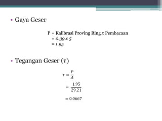 •

    P = Kalibrasi Proving Ring x Pembacaan
      = 0.39 x 5
      = 1.95
 