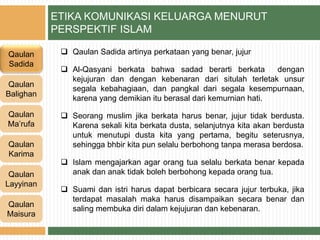 ETIKA KOMUNIKASI KELUARGA MENURUT
PERSPEKTIF ISLAM
Qaulan
Sadida
Qaulan
Balighan
Qaulan
Karima
Qaulan
Ma’rufa
Qaulan
Layyinan
Qaulan
Maisura
 Qaulan Sadida artinya perkataan yang benar, jujur
 Al-Qasyani berkata bahwa sadad berarti berkata dengan
kejujuran dan dengan kebenaran dari situlah terletak unsur
segala kebahagiaan, dan pangkal dari segala kesempurnaan,
karena yang demikian itu berasal dari kemurnian hati.
 Seorang muslim jika berkata harus benar, jujur tidak berdusta.
Karena sekali kita berkata dusta, selanjutnya kita akan berdusta
untuk menutupi dusta kita yang pertama, begitu seterusnya,
sehingga bhbir kita pun selalu berbohong tanpa merasa berdosa.
 Islam mengajarkan agar orang tua selalu berkata benar kepada
anak dan anak tidak boleh berbohong kepada orang tua.
 Suami dan istri harus dapat berbicara secara jujur terbuka, jika
terdapat masalah maka harus disampaikan secara benar dan
saling membuka diri dalam kejujuran dan kebenaran.
 