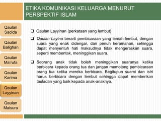 ETIKA KOMUNIKASI KELUARGA MENURUT
PERSPEKTIF ISLAM
Qaulan
Sadida
Qaulan
Balighan
Qaulan
Karima
Qaulan
Ma’rufa
Qaulan
Layyinan
Qaulan
Maisura
 Qaulan Layyinan (perkataan yang lembut)
 Qaulan Layina berarti pembicaraan yang lemah-lembut, dengan
suara yang enak didengar, dan penuh keramahan, sehingga
dapat menyentuh hati maksudnya tidak mengeraskan suara,
seperti membentak, meninggikan suara.
 Seorang anak tidak boleh meninggikan suaranya ketika
berbicara kepada orang tua dan jangan memotong pembicaraan
orang tua ketika mereka berbicara. Begitupun suami dan istri
harus berbicara dengan lembut sehingga dapat memberikan
tauladan yang baik kepada anak-anaknya.
 