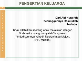 6
H
A
K
I
K
A
T
K
E
L
U
A
R
G
A
Dari Abi Hurairah
sesungguhnya Rosulullah
berkata:
Tidak dilahirkan seorang anak melainkan dengan
fitrah,maka orang tuanyalah Yang akan
menjadikannnya yahudi, Nasrani atau Majusi.
(HR. Muslim)
PENGERTIAN KELUARGA
 