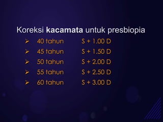 Koreksi kacamata untuk presbiopia
     40 tahun   S + 1.00 D
     45 tahun   S + 1.50 D
     50 tahun   S + 2.00 D
     55 tahun   S + 2.50 D
     60 tahun   S + 3.00 D
 
