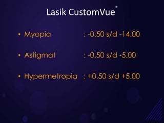 ®
       Lasik CustomVue

• Myopia         : -0.50 s/d -14.00

• Astigmat       : -0.50 s/d -5.00

• Hypermetropia : +0.50 s/d +5.00
 