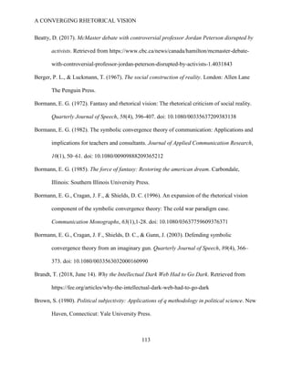 A CONVERGING RHETORICAL VISION
113
Beatty, D. (2017). McMaster debate with controversial professor Jordan Peterson disrupted by
activists. Retrieved from https://www.cbc.ca/news/canada/hamilton/mcmaster-debate-
with-controversial-professor-jordan-peterson-disrupted-by-activists-1.4031843
Berger, P. L., & Luckmann, T. (1967). The social construction of reality. London: Allen Lane
The Penguin Press.
Bormann, E. G. (1972). Fantasy and rhetorical vision: The rhetorical criticism of social reality.
Quarterly Journal of Speech, 58(4), 396-407. doi: 10.1080/00335637209383138
Bormann, E. G. (1982). The symbolic convergence theory of communication: Applications and
implications for teachers and consultants. Journal of Applied Communication Research,
10(1), 50–61. doi: 10.1080/00909888209365212
Bormann, E. G. (1985). The force of fantasy: Restoring the american dream. Carbondale,
Illinois: Southern Illinois University Press.
Bormann, E. G., Cragan, J. F., & Shields, D. C. (1996). An expansion of the rhetorical vision
component of the symbolic convergence theory: The cold war paradigm case.
Communication Monographs, 63(1),1-28. doi: 10.1080/03637759609376371
Bormann, E. G., Cragan, J. F., Shields, D. C., & Gunn, J. (2003). Defending symbolic
convergence theory from an imaginary gun. Quarterly Journal of Speech, 89(4), 366–
373. doi: 10.1080/0033563032000160990
Brandt, T. (2018, June 14). Why the Intellectual Dark Web Had to Go Dark. Retrieved from
https://fee.org/articles/why-the-intellectual-dark-web-had-to-go-dark
Brown, S. (1980). Political subjectivity: Applications of q methodology in political science. New
Haven, Connecticut: Yale University Press.
 