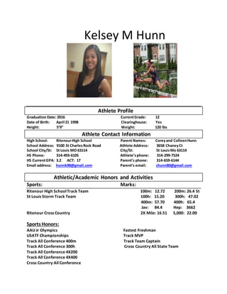 Kelsey M Hunn
Athlete Profile
Graduation Date: 2016 CurrentGrade: 12
Date of Birth: April 21 1998 Clearinghouse: Yes
Height: 5’9” Weight: 120 lbs
Athlete Contact Information
High School: RitenourHigh School Parent Names: Coreyand ColleenHunn
School Address: 9100 St CharlesRock Road Athlete Address: 3658 ChaneyCt
School City/St: St Louis MO 63114 City/St: St LouisMo 63114
HS Phone: 314-493-6105 Athlete’sphone: 314-299-7524
HS CurrentGPA: 3.2 ACT: 17 Parent’s phone: 314-659-6144
Email address: hunnk98@gmail.com Parent’s email: chunn80@gmail.com
Athletic/Academic Honors and Activities
Sports: Marks:
Ritenour High SchoolTrack Team 100m: 12.72 200m: 26.4 St
St Louis Storm Track Team 100h: 15.20 300h: 47.02
400m: 57.70 400h: 65.4
Jav: 84.4 Hep: 3662
Ritenour Cross Country 2X Mile: 16.51 5,000: 22.00
Sports Honors:
AAU Jr Olympics Fastest Freshman
USATF Championships Track MVP
Track All Conference 400m Track Team Captain
Track All Conference 300h Cross Country All State Team
Track All Conference 4X200
Track All Conference 4X400
Cross Country All Conference
 