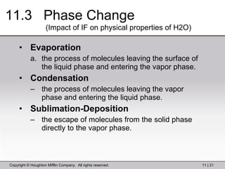 11.3  Phase Change Evaporation the process of molecules leaving the surface of the   liquid phase and entering the vapor phase. Condensation the process of molecules leaving the vapor phase and entering the liquid phase. Sublimation-Deposition the escape of molecules from the solid phase directly to the vapor phase. (Impact of IF on physical properties of H2O) 
