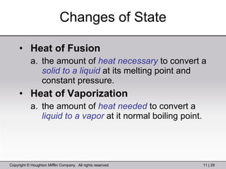 Changes of State Heat of Fusion the amount of  heat necessary  to convert a  solid to a liquid  at its melting point and constant pressure. Heat of Vaporization the amount of  heat needed  to convert a  liquid to a vapor  at it normal boiling point. 