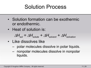Solution formation can be exothermic or endothermic. Heat of solution is:  H sol  =   H solute  +   H solvent  +   H solvation   Like dissolves like polar molecules dissolve in polar liquids. nonpolar molecules dissolve in nonpolar liquids. Solution Process 