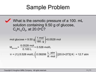 Sample Problem What is the osmotic pressure of a 100. mL solution containing 9.50 g of glucose, C 6 H 12 O 6 , at 20.0 o C? 