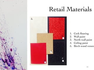 Retail Materials	

1.  Cork ﬂooring	

2.  Wall paint	

3.  North wall paint	

4.  Ceiling paint	

5.  Birch wood veneer
1.	

2.	

3.	
  
4.	
  
5.	

33	
  
 