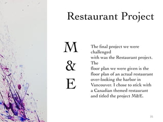Restaurant Project	

35	
  
The ﬁnal project we were
challenged	

with was the Restaurant project.
The	

ﬂoor plan we were given is the
ﬂoor plan of an actual restaurant
over-looking the harbor in
Vancouver. I chose to stick with
a Canadian themed restaurant
and titled the project ME. 	

M

E 	

 