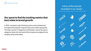 13 | CONFIDENTIAL
Our quest to find the tracking metrics that
best relate to brand growth.
In 2016, we tested a suite of tracking metrics and correlated each
one against these brands’ long-term (four-year market cap) growth.
The study covered 17 categories and 40 brands, and we focused on
categories where the main brand of the company was aligned to the
company name/stock listing.
A few of the brands
included in our study:
BEFORE YOUR STUDY
 
