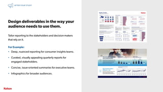 31 | CONFIDENTIAL31 | CONFIDENTIAL
Design deliverables in the way your
audience needs to use them.
Tailor reporting to the stakeholders and decision-makers
that rely on it.
For Example:
• Deep, nuanced reporting for consumer insights teams.
• Curated, visually appealing quarterly reports for
engaged stakeholders.
• Concise, issue-oriented summaries for executive teams.
• Infographics for broader audiences.
AFTER YOUR STUDY
 