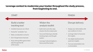 36 | CONFIDENTIAL36 | CONFIDENTIAL
Leverage context to modernize your tracker throughout the study process,
from beginning to end.
Build a better
tracking tool
Widen the
analysis toolkit
Disrupt delivery
START FINISH
• Unaided measures are critical
• Dump the “probably” box
• Make consideration exclusive
• Don’t forget brand character
• Keep refining KPIs against client
data through the life
of the tracker
• Build client and other data
streams into the analysis plan
• Use social listening to identify
trending topics and thought
leaders
• Leverage Cultural Insights to
future-proof the tracker
• Design your deliverables with
your audience in mind.
• Leverage video to humanize
the insights.
• Use digital dashboards for
quick turn insights.
• Turn your presentation into
a conversation.
 
