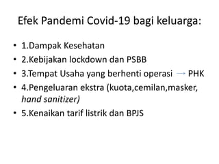 Efek Pandemi Covid-19 bagi keluarga:
• 1.Dampak Kesehatan
• 2.Kebijakan lockdown dan PSBB
• 3.Tempat Usaha yang berhenti o...