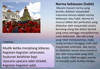 Norma kebiasaan (habit)
Macam-macam norma yang
berlaku didalam masyarakat
Indonesia lainnya adalah norma
kebiasaan atau habit. Norma ini
muncul akibat dari perbuatan yang
dilakukan oleh masyarakat secara
berulang-ulang dan dalam bentuk
yang sama sehingga menjadikannya
suatu kebiasaan. Jika ada orang
yang tidak melakukannya, maka
orang tersebut dianggap aneh oleh
masyarakat setempat. Jika norma
ini dilakukan secara terus menerus
dan oleh masyarakat yang lebih
luas, bukan tidak mungkin norma
ini menjadi suatu budaya bangsa.
CONTOH :
Mudik ketika menjelang lebaran.
Kegiatan-kegiatan selamatan.
Syukuran kelahiran bayi.
Upacara-upacara adat istiadat.
Kegiatan-kegiatan adat.
 