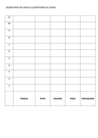 AGORA PINTE NA TABELA A QUANTIDADE DE LETRAS:
11
10
9
8
7
6
5
4
3
2
1
PANELA PATO POLEIRO POÇO ENGASGADO
 