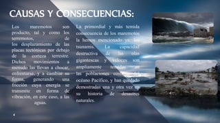 CAUSAS Y CONSECUENCIAS:
La primordial y más temida
consecuencia de los maremotos
la hemos mencionado ya: los
tsunamis. La capacidad
destructiva de las olas
gigantescas y veloces son
ampliamente temidas en
las poblaciones costeras del
océano Pacífico, y han quedado
demostradas una y otra vez en
su historia de desastres
naturales.
4
Los maremotos son
producto, tal y como los
terremotos, de
los desplazamiento de las
placas tectónicas por debajo
de la corteza terrestre.
Dichos movimientos a
menudo las llevan a chocar,
enfrentarse, y a cambiar su
forma, generando una
fricción cuya energía se
transmite en forma de
vibración, en este caso, a las
aguas.
 