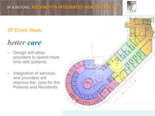 3P & BEYOND KELVINGTON INTEGRATED HEALTH FACILITY
3P Event Week
better care
• Design will allow
providers to spend more
time with patients
• Integration of services
and providers will
improve the care for the
Patients and Residents
 